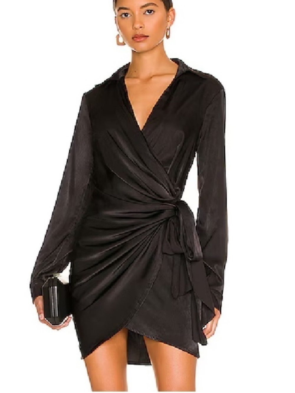 Superdown Sophie draped mini dress black satin tie wrap Revolve